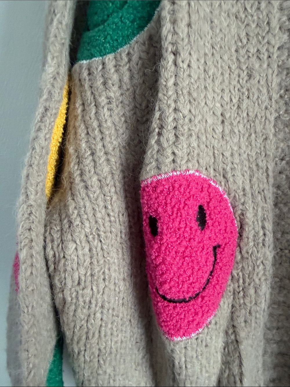 DAVI & DANI Taupe Open-Front Cardigan with Pink, Green & Yellow Smiley Patches - Picture 2 of 7